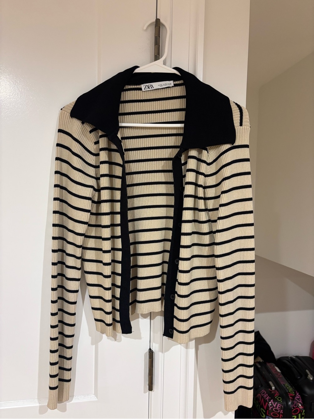 Zara Black and Cream Striped Ribbed Cardigan